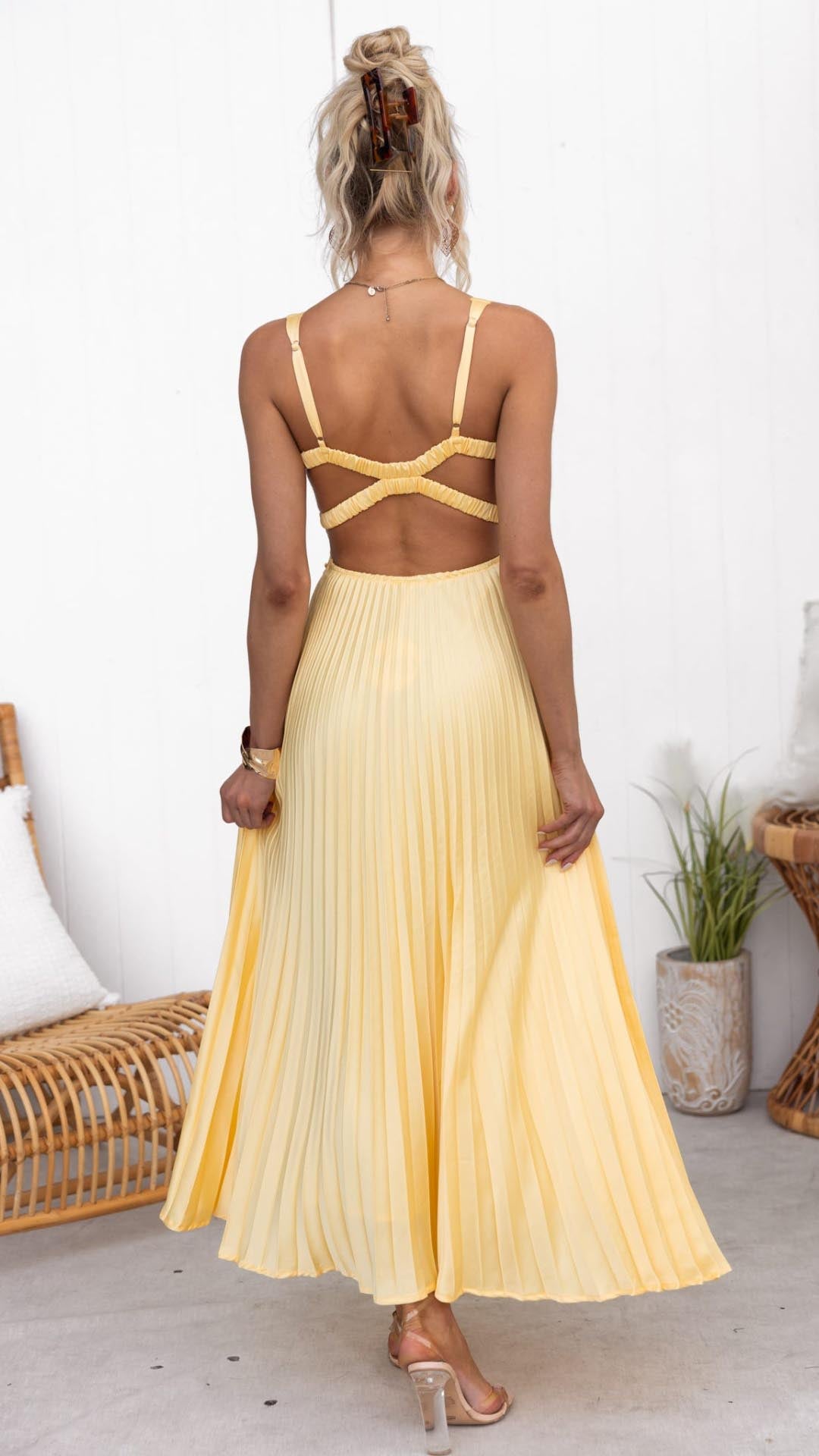 Soft Yellow Pleated Maxi Dress with V-Neckline for Women - Concetta