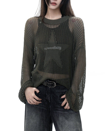 Y2k Hollow Out Knit Pullover with Star Print