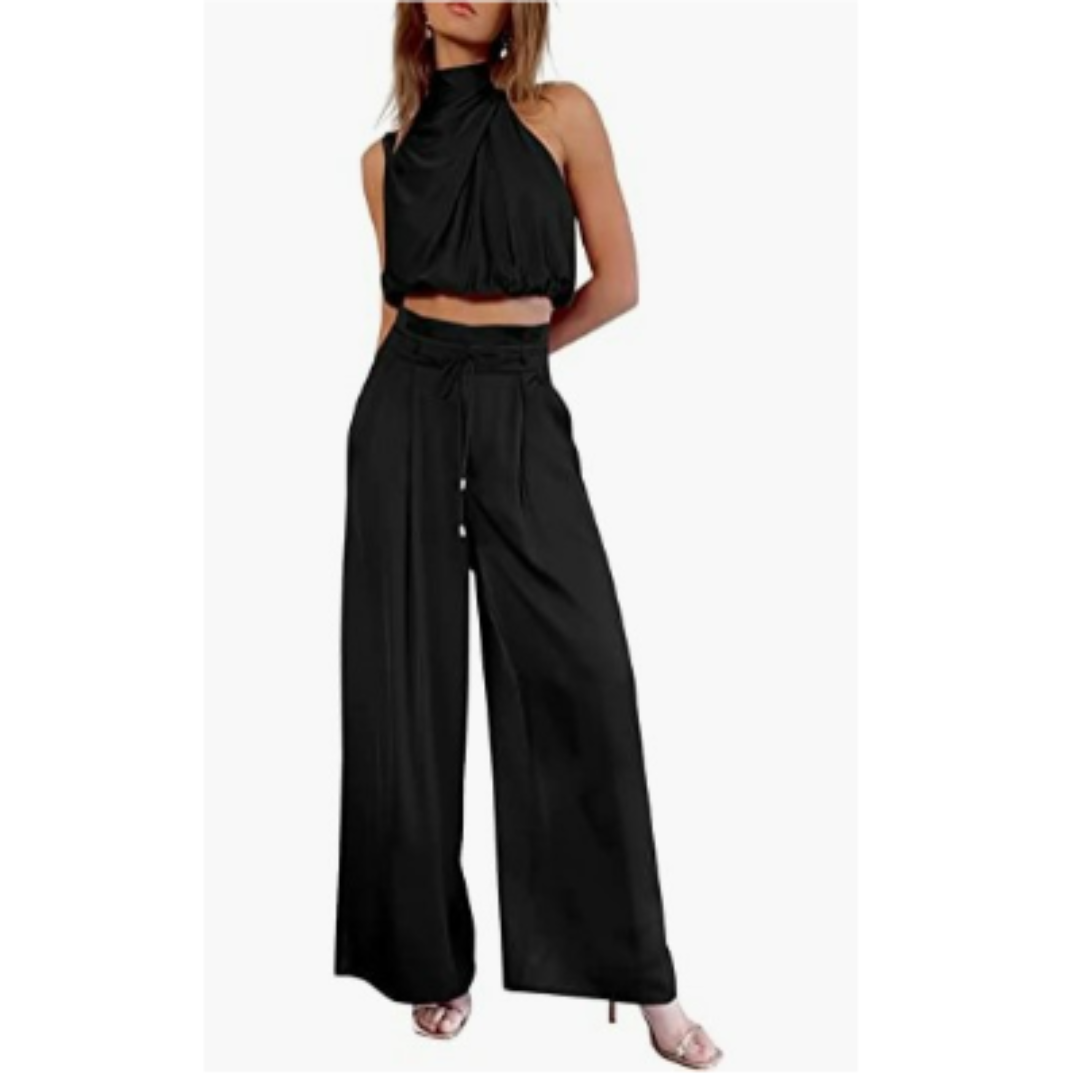 Women's Halter Crop Top and Wide Leg Pants | Two-Piece Set