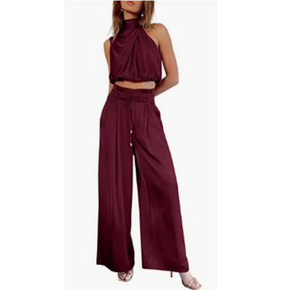 Women's Halter Crop Top and Wide Leg Pants | Two-Piece Set