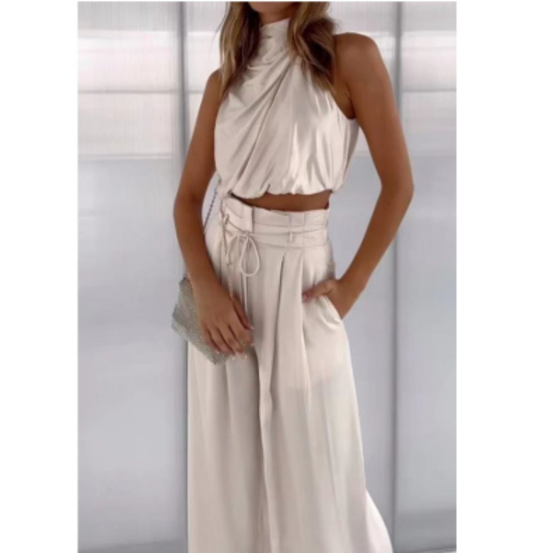 Women's Halter Crop Top and Wide Leg Pants | Two-Piece Set