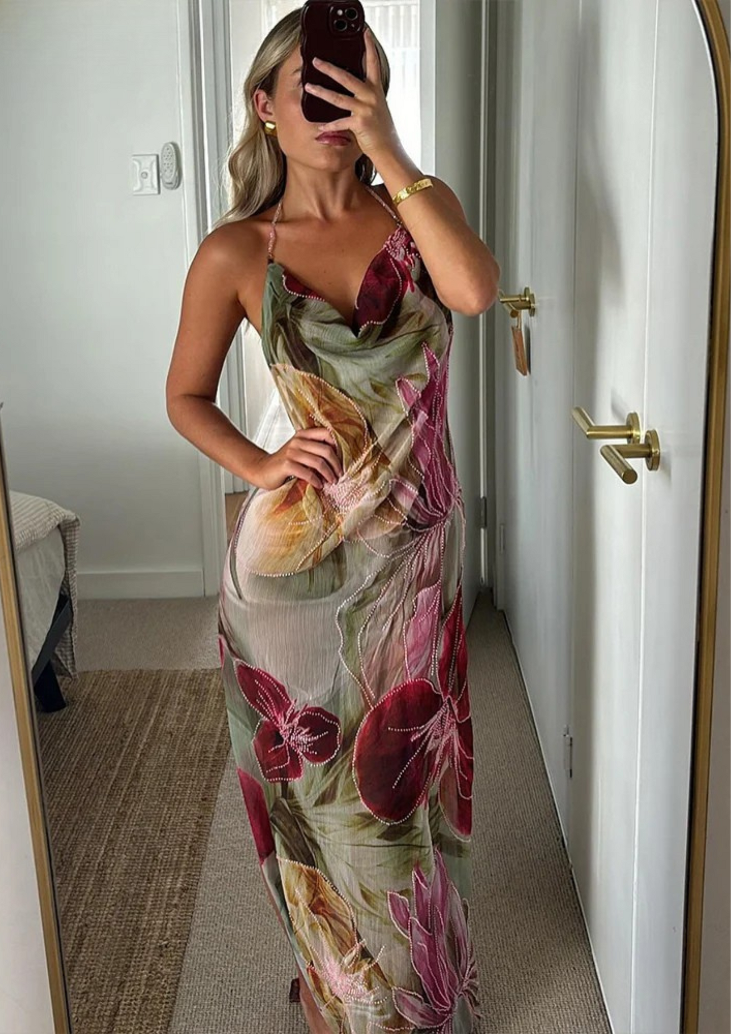 Green Floral Maxi Dress with Side Slit for Women - Fatima