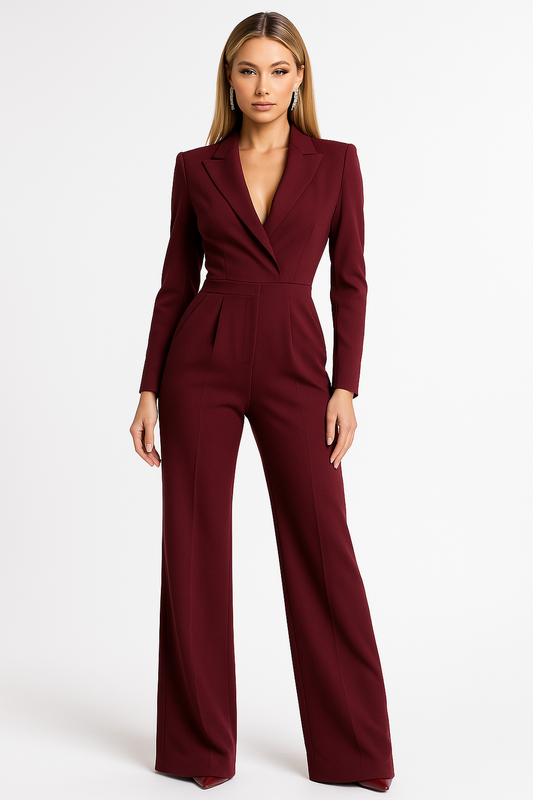 Women's Formal Lapel Wide Leg Jumpsuit | Long Sleeve