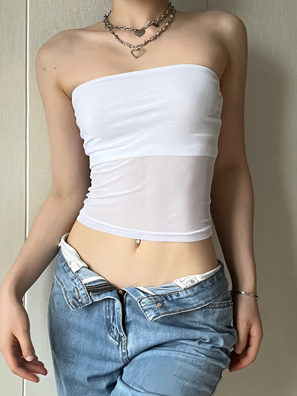 Top bandeau de malla con paneles punk en color blanco