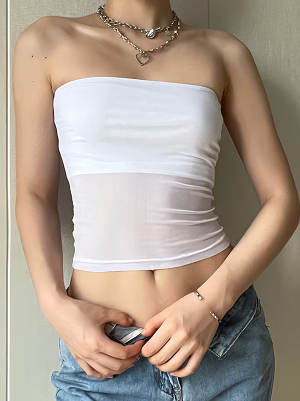 Top bandeau de malla con paneles punk en color blanco