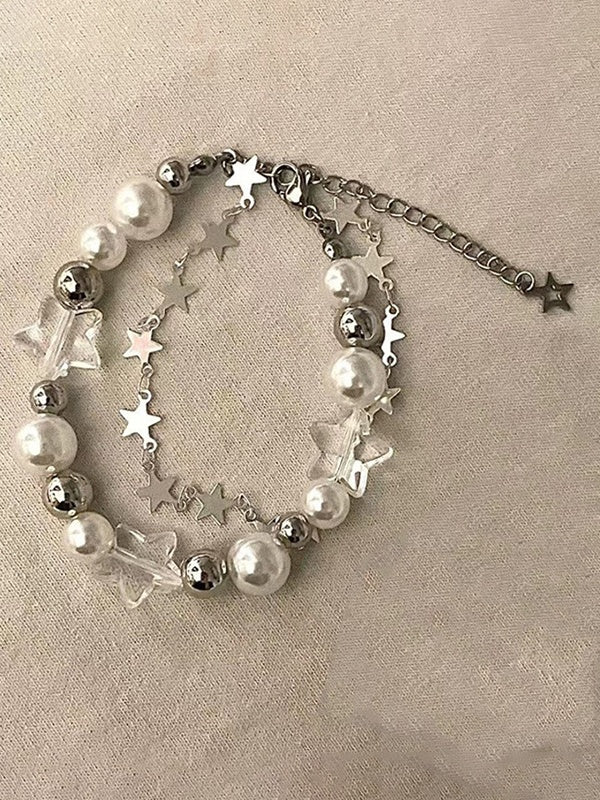 Vintage Faux Pearl Star Double Layered Charm Bracelet