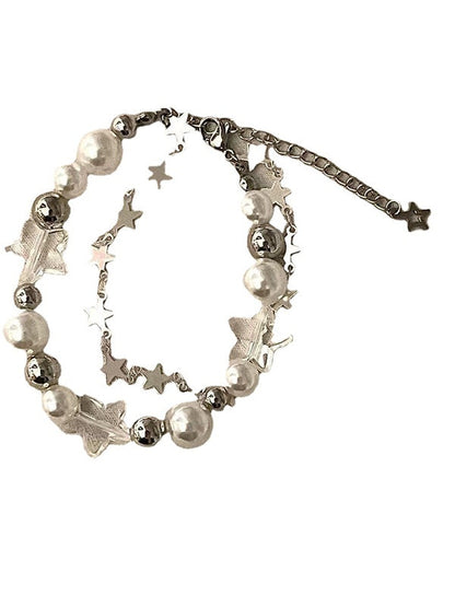 Vintage Faux Pearl Star Double Layered Charm Bracelet