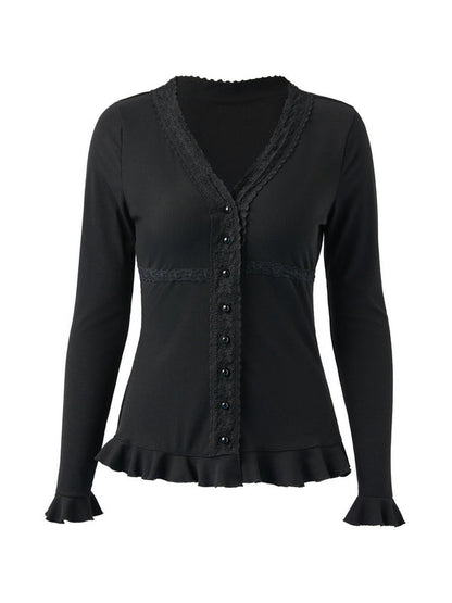 Vintage Black Front Buttons Knit Top with Lace Trim