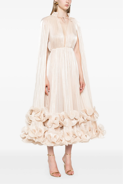 Champagne Pleated Midi Dress with Cape and Ruffle Hem for Women - Carla