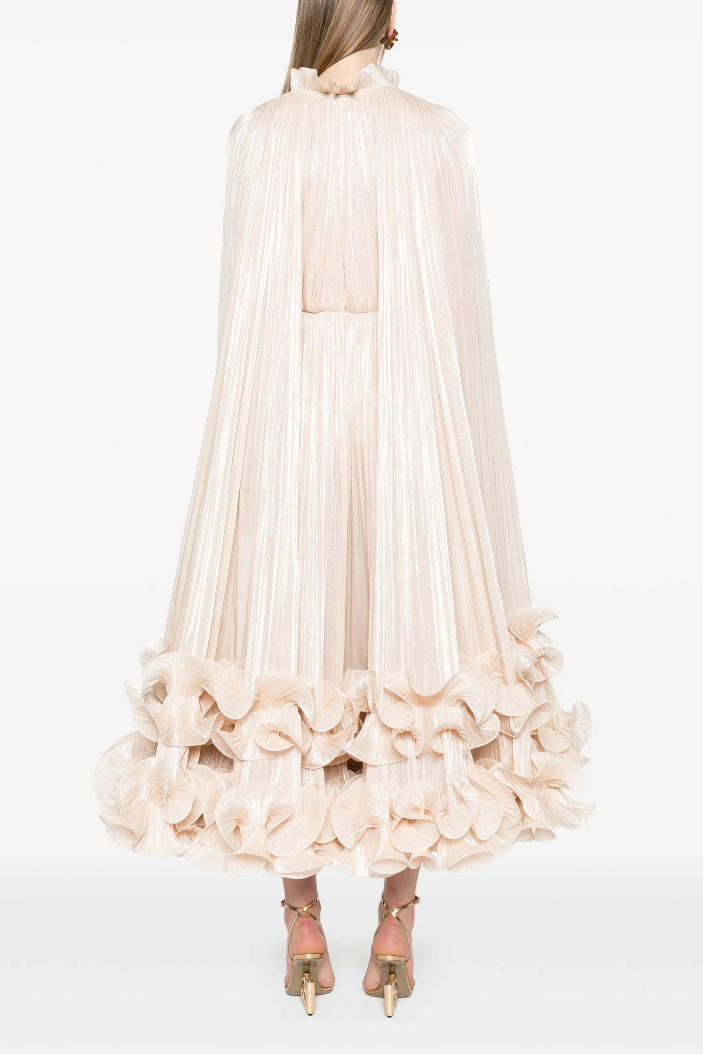 Champagne Pleated Midi Dress with Cape and Ruffle Hem for Women - Carla