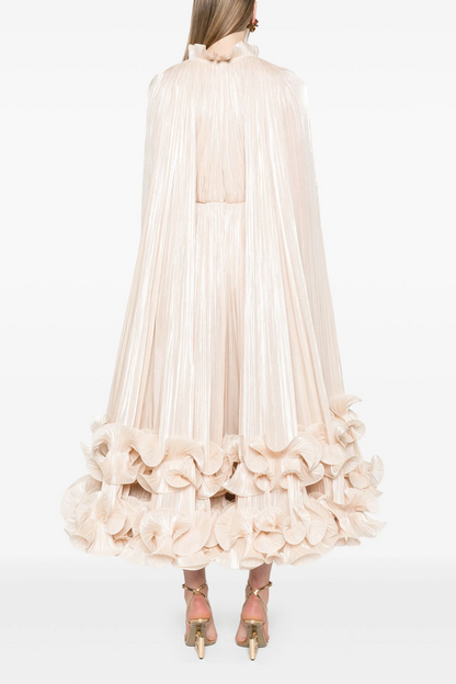 Champagne Pleated Midi Dress with Cape and Ruffle Hem for Women - Carla