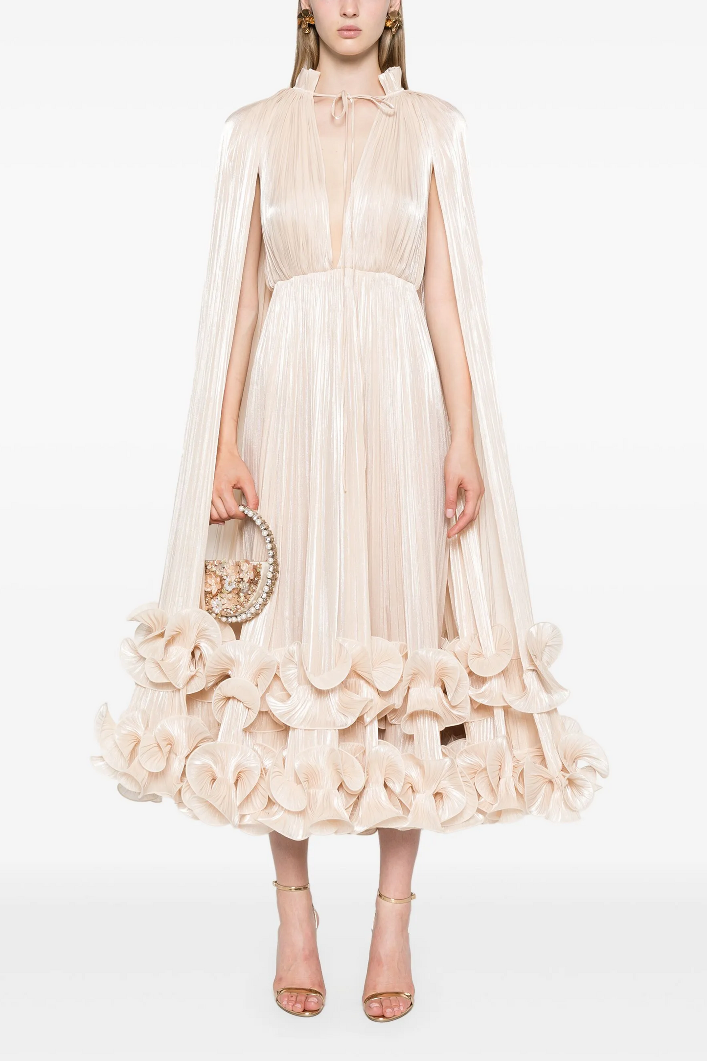 Champagne Pleated Midi Dress with Cape and Ruffle Hem for Women - Carla