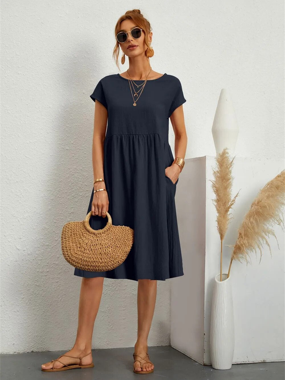 Women's Casual Short Sleeve Midi Dress | with Pockets