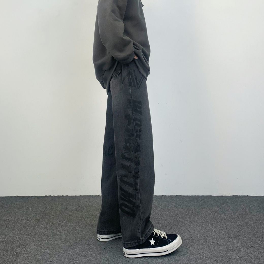 Men Black Hip Hop Letter Print Wide Leg Boyfriend Jeans