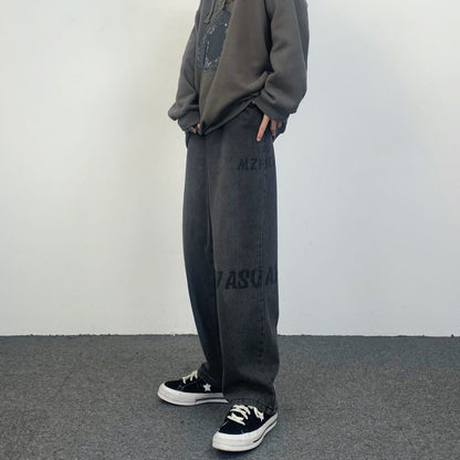 Men Black Hip Hop Letter Print Wide Leg Boyfriend Jeans