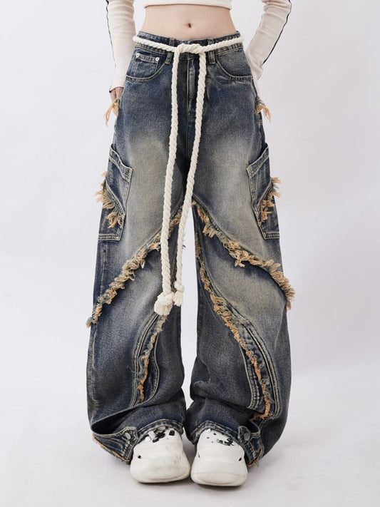 Raw Edge Design Patchwork Straight Washed Denim Pants