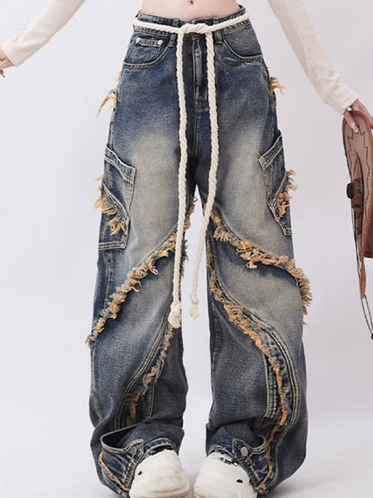 Raw Edge Design Patchwork Straight Washed Denim Pants