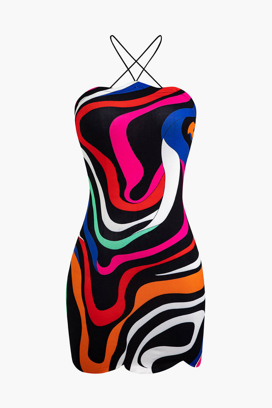 Multi Color Vintage Abstract Print Cross Strap Slim Mini Dress