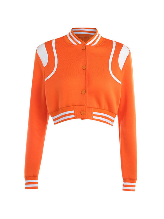 Orange Contrast Color Crop Varsity Jacket with Collar Neck