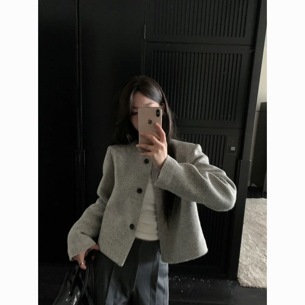 Grey Button Front Cropped Blazer Jacket for Women - Silvia