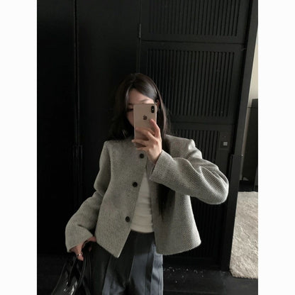 Grey Button Front Cropped Blazer Jacket for Women - Silvia