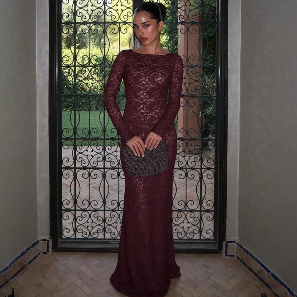 Burgundy Lace Long Sleeve Maxi Dress for Women - Miriam