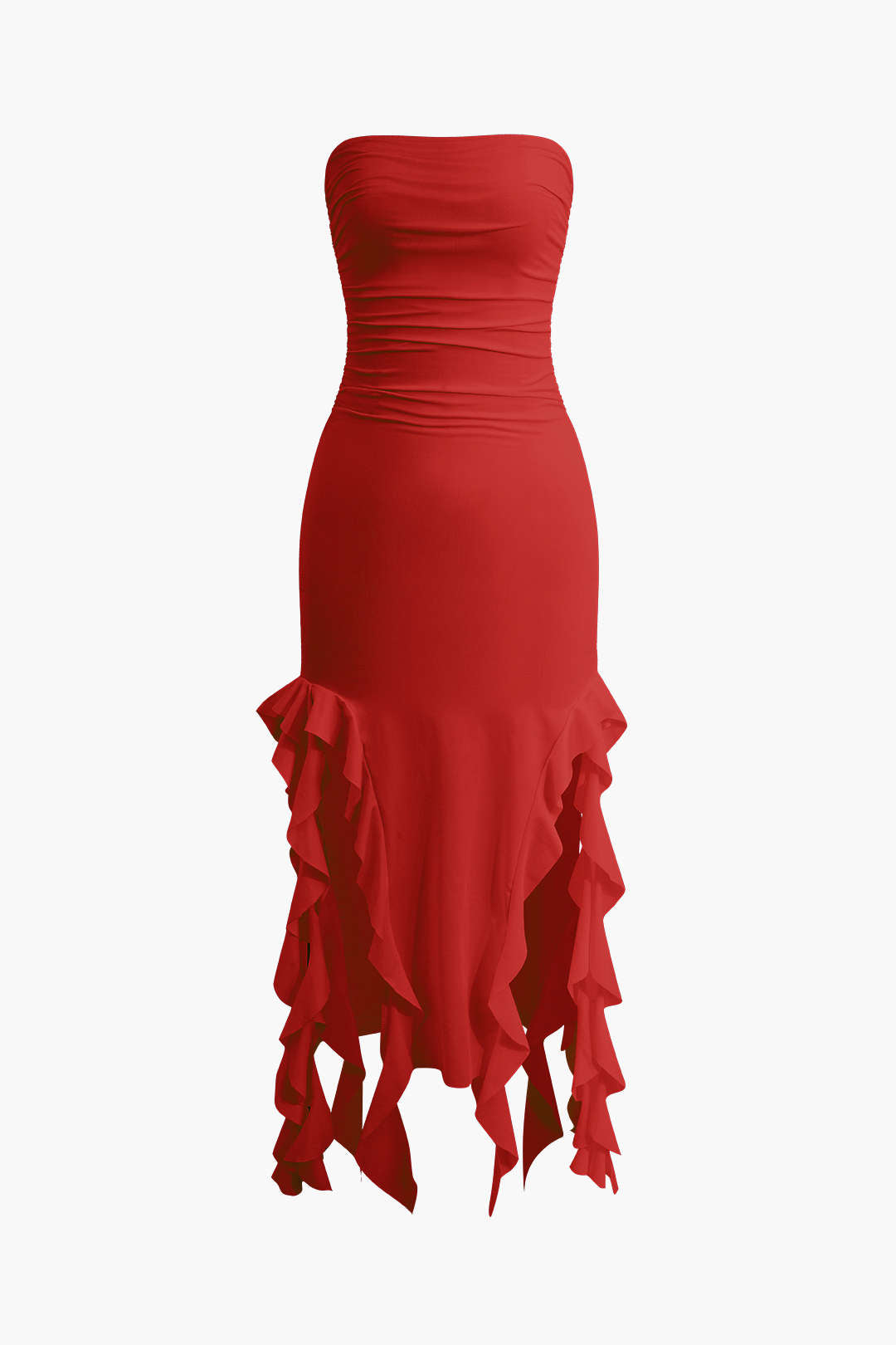 Solid Color French Ruffle Hem Ruched Tube Maxi Dress