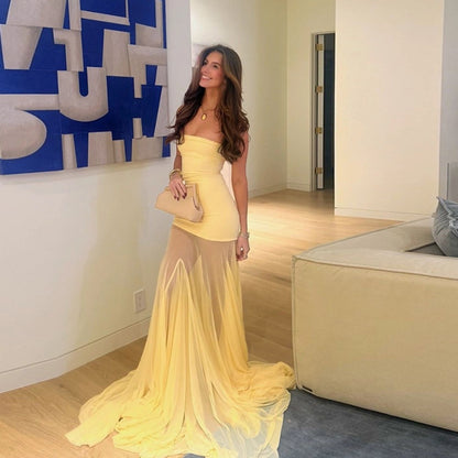Yellow Strapless Maxi Dress with Sheer Mesh Skirt for Women - Melania