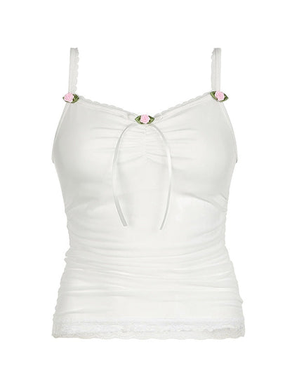 White Vintage Lace Patchwork Pleated Cami Top