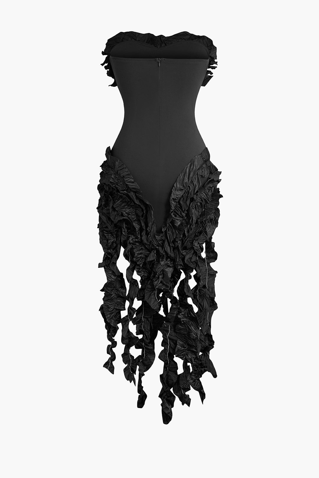 Solid Color Ruffled Fringe Strapless Midi Dress