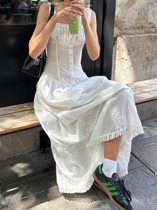 Vestido midi ajustado en capas con pliegues franceses en blanco y cordones