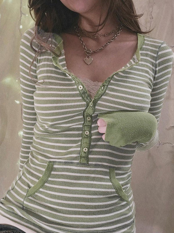 Green Vintage Button Front Striped Ribbed Knit Top