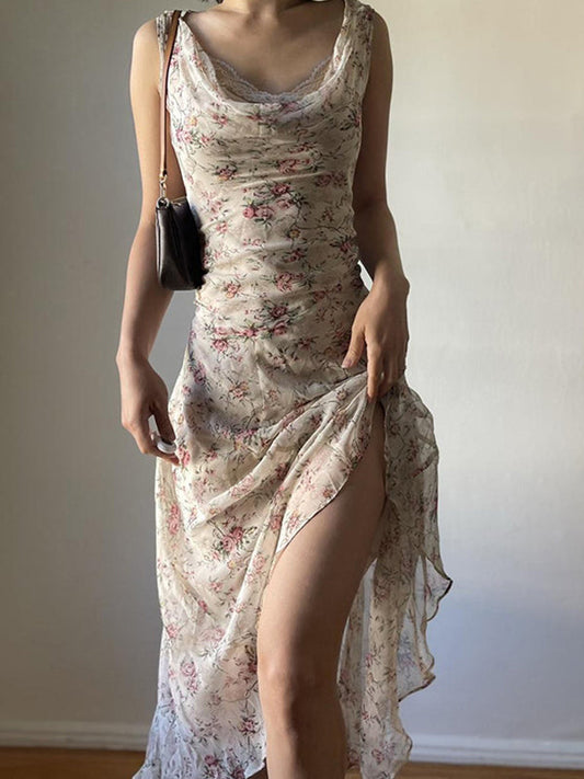 Beige Y2k Floral Irregular Holiday Style Maxi Dress