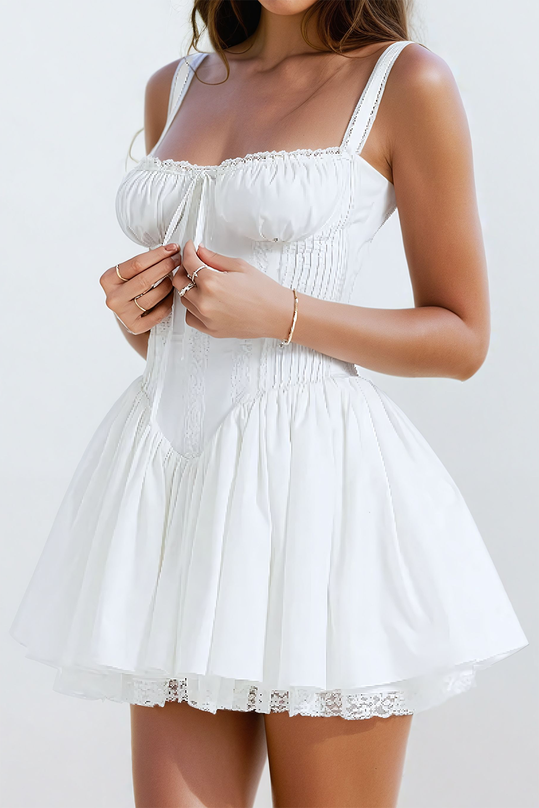 White Lace Trim Tie Back Slip Mini Dress