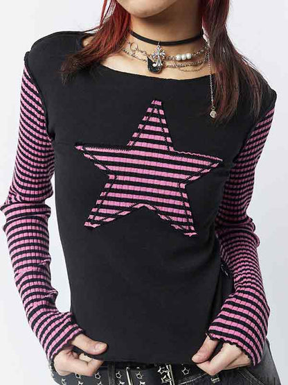 Y2k Striped Star Print Patchwork Slim Long Sleeve Tee