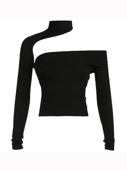 Black Y2k One Shoulder Hollow Long Sleeve Tee