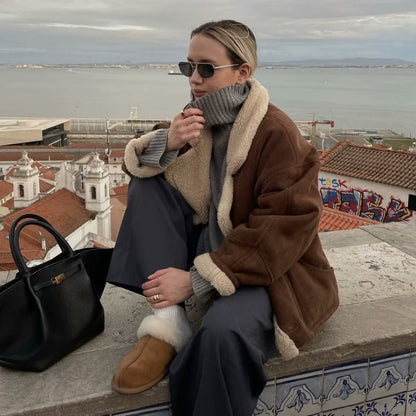 Faux Shearling Lined Suede Jacket with Pockets for Women - Capitolina