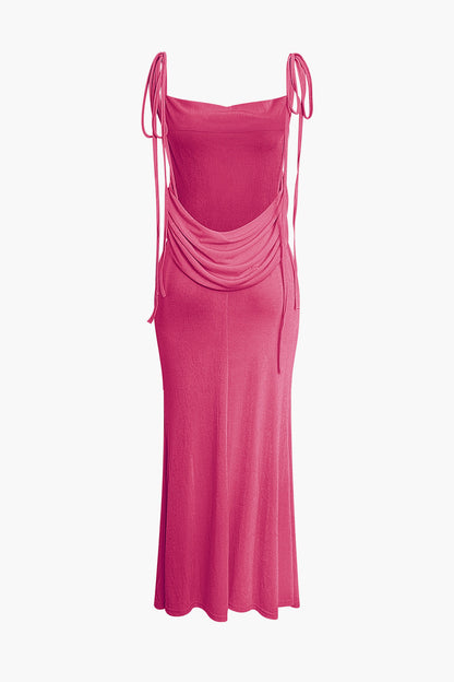 Solid Color French Cowl Neck Backless Tie Maxi Dress