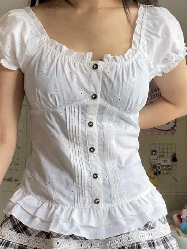 Blusa corta con volantes y encaje bordado vintage con lazo en la espalda