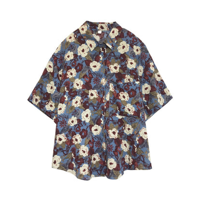 Blue Floral Print Button Up Shirt for Women - Sabina