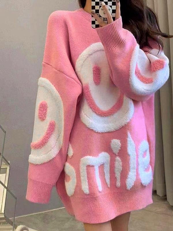 Solid Color Y2k Smile Print Thicken Loose Sweater