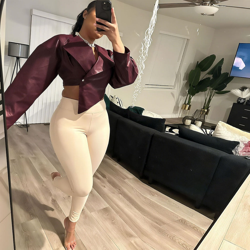 Burgundy Faux Leather Cropped Jacket for Women - Romina