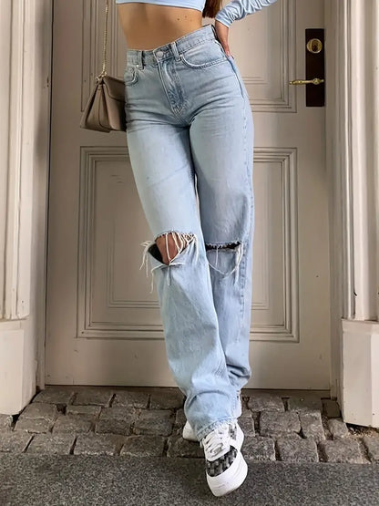 Light Blue 2000s Boyfriend Jeans with Ripped Design