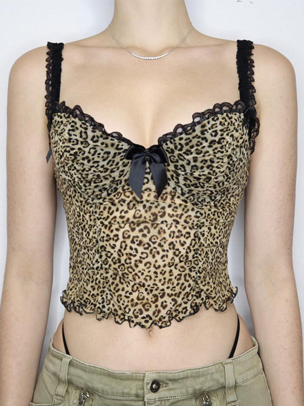 Top de tirantes con encaje y lazo estilo vintage con estampado de leopardo