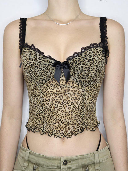 Vintage Bow Lace Splice Cami Top with Leopard Print