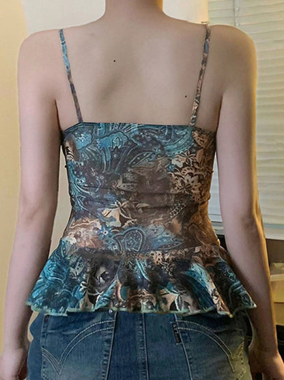 Green American Vintage Print Beading Cami Top