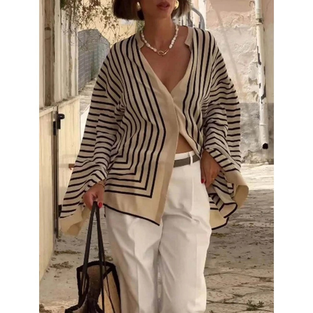 Beige Black Striped Long Sleeve Button Down Shirt for Women - Edvige