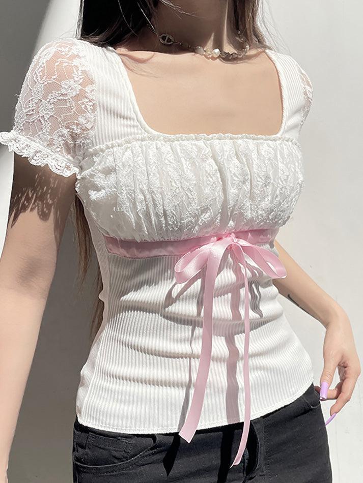 White Sweet Bow Lace Splicing Bubble Sleeve Top