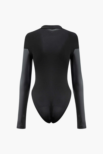 Black Mock Neck Faux Leather Paneled Long Sleeve Bodysuit