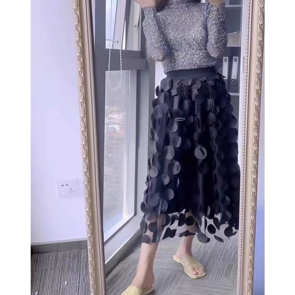 Black Polka Dot Mesh Midi Skirt for Women - Clelia